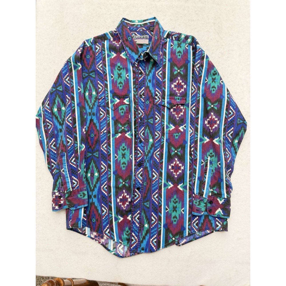 Vintage Plainsman Shirt Mens XL 17-17.5 Aztec Western Canvas Brushpopper Tall‎